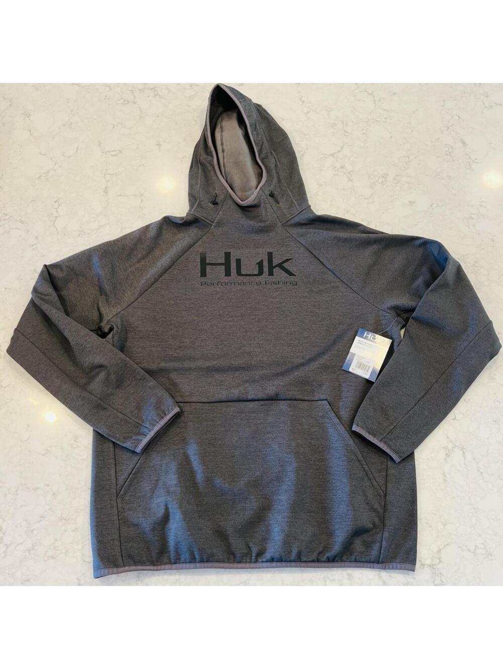 Huk Fin Hoodie Sweatshirt High Neck NWT Iron Heather Gray Large